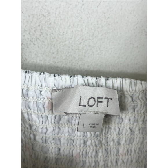 Loft Clip Stripe Smocked Ruffle Midi Dress Dot Embroidered White Gray Large - Picture 2 of 6